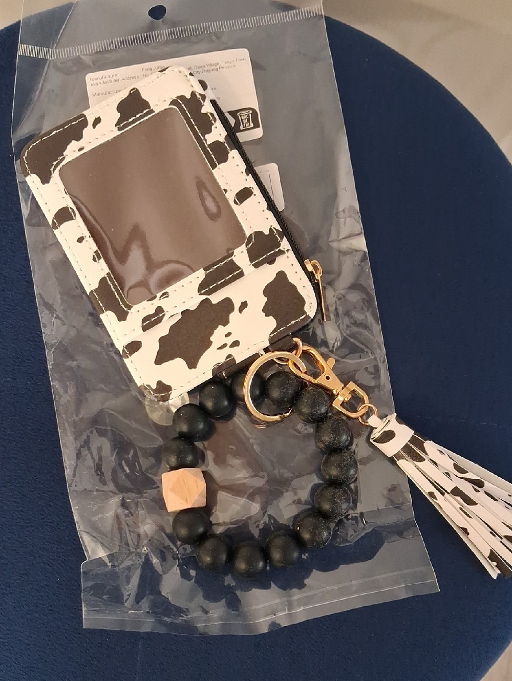 Black & White Cow Print Wristlet Cardholder with Beaded Keyring
